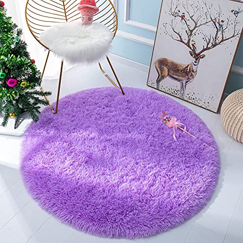 Yj.gwl Fluffy Round Rug Nursery Rug, Purple Circle Rug Kids Rug For Playroom, Fuzzy Rug Circular Carpet For Bedroom Living Room, Shaggy Rug For Cute Room Decor For Baby Teen Girls, 4 X 4 Feet #TOP5