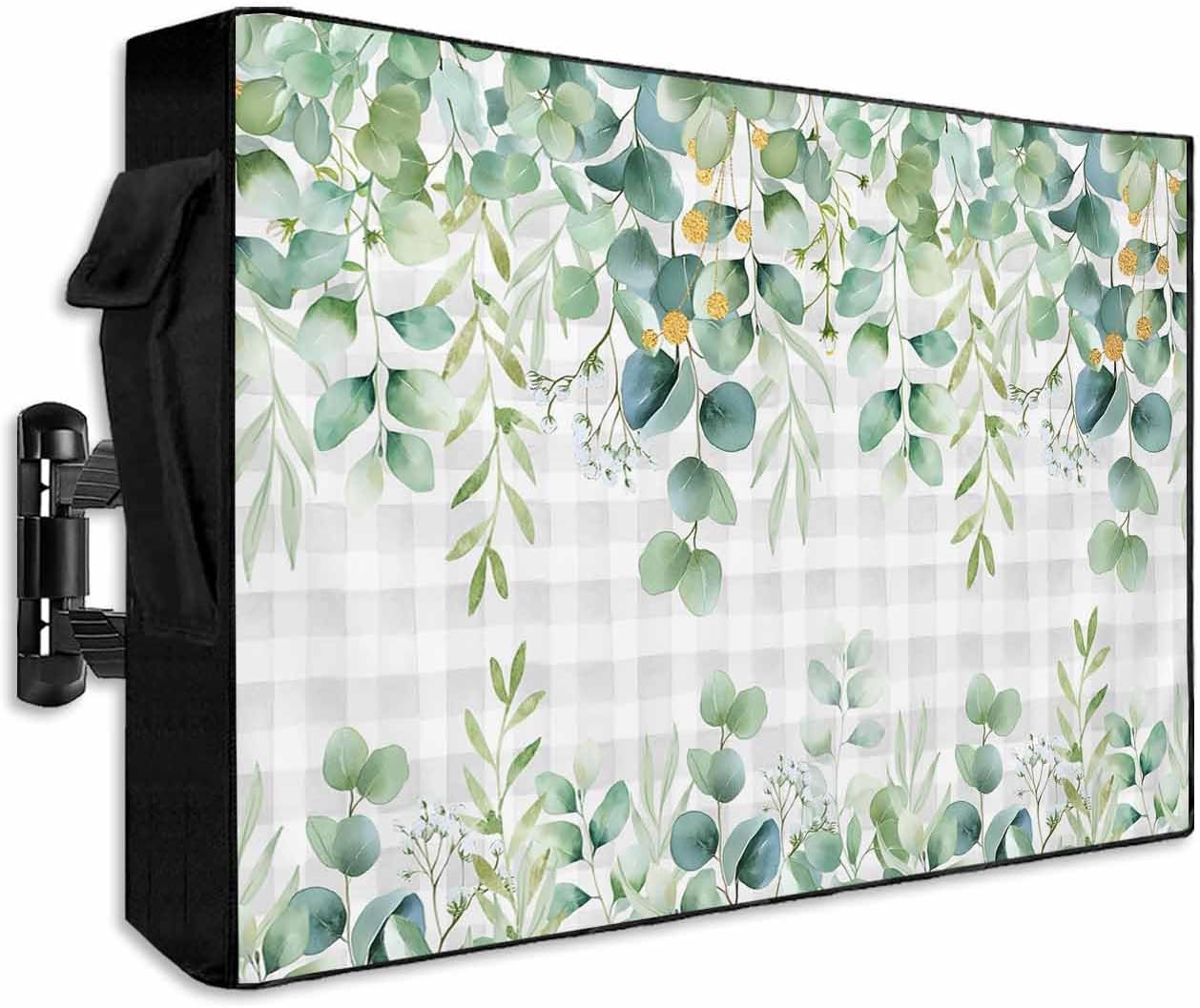 Sage Green Eucalyptus Leaf Outdoor TV Cover 52 to 55 inch Spring Summer Botanical Plaid Waterproof Dustproof TV Covers for Outside with Zipper Remote Control Pocket Flat Screen Protectors
