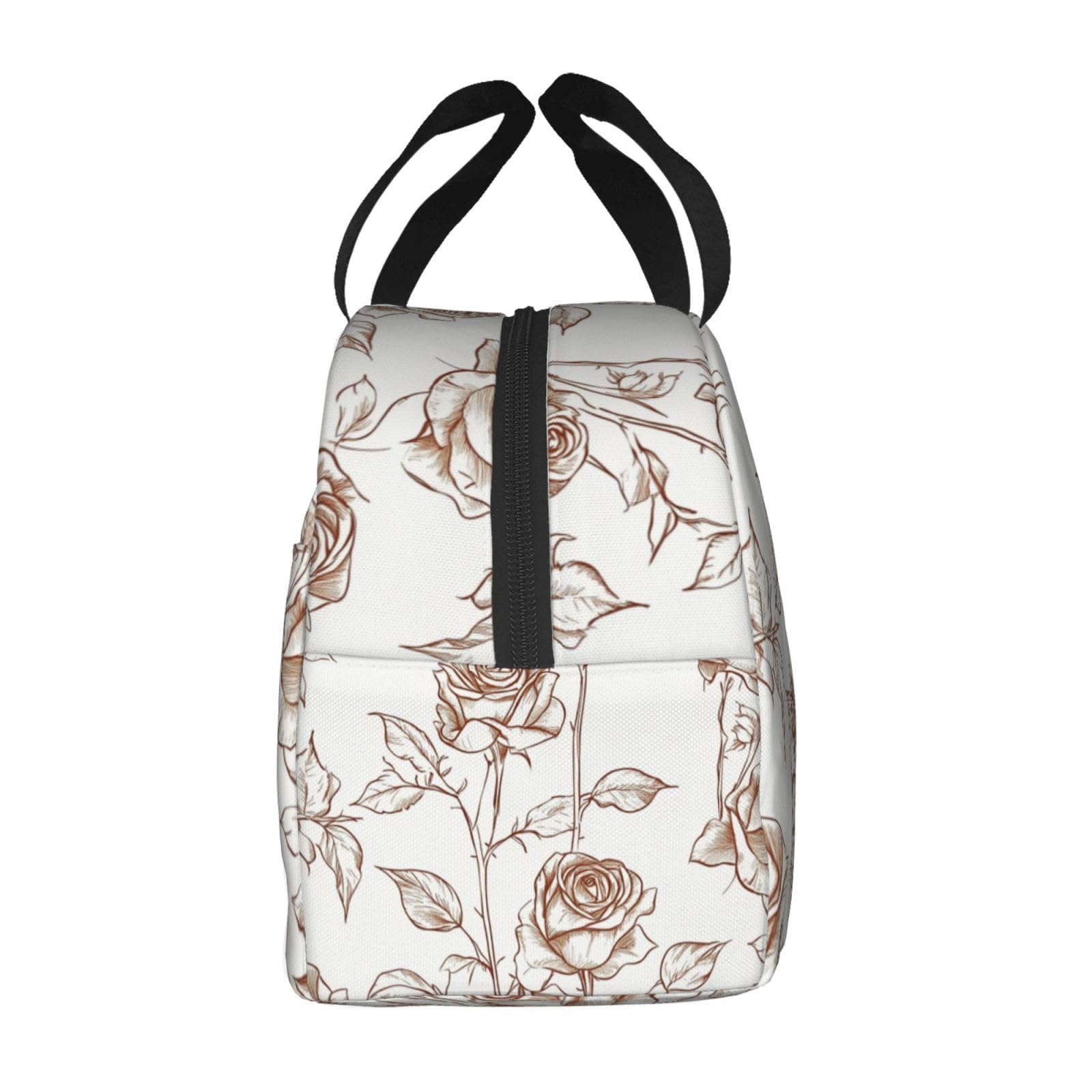 Bolsa Comida Trabajo Mujer Patrón Floral Marrón Y blanca Lunch Bag Para Oficina,Bolsa Almuerzo Frescura,Bolsa De Bolsillo, Lona Impermeable Aislada Para Mujer, Hombre, Escuela Y Oficina