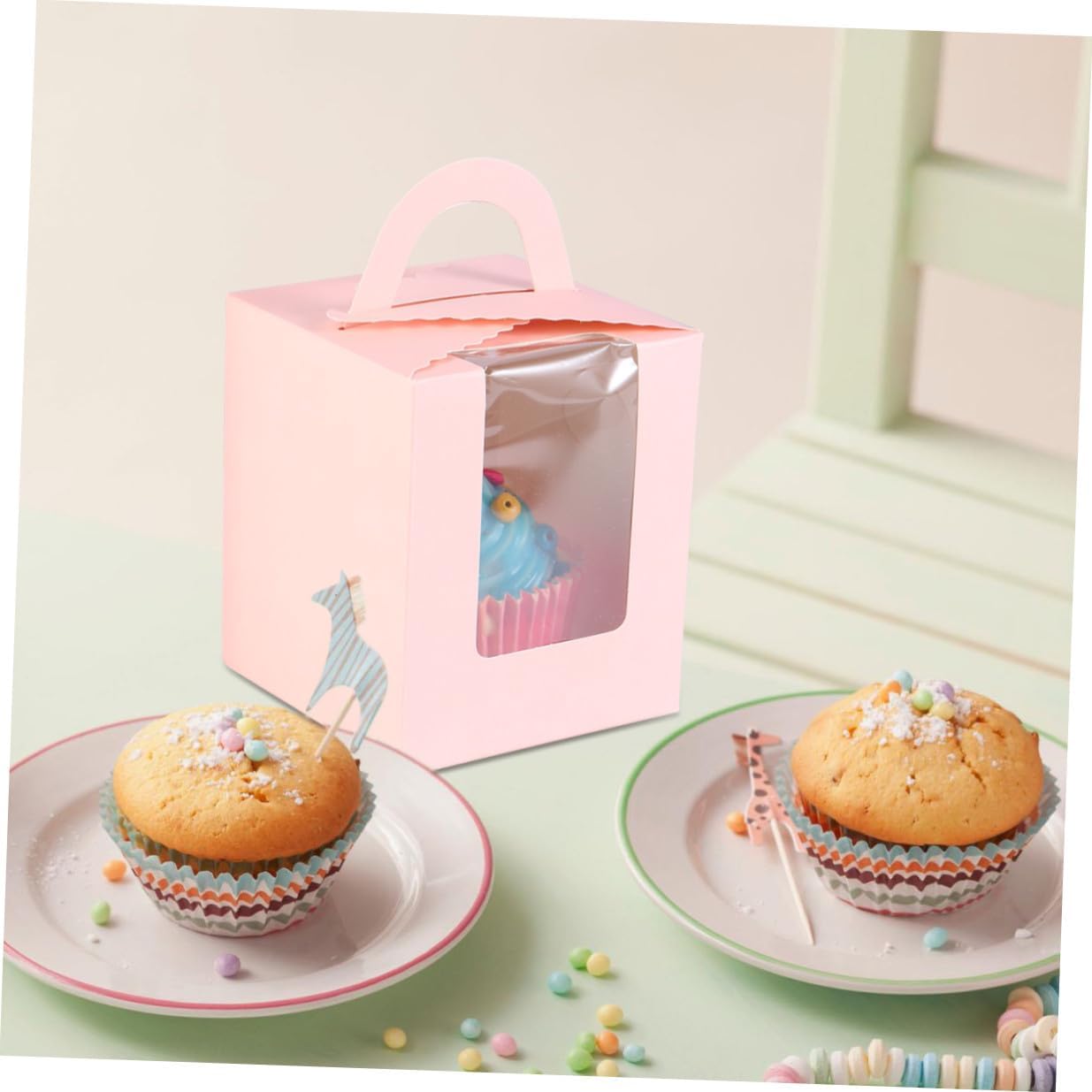 LIFKOME 50pcs Pink Paper Cupcake Boxes with Window Handle Muffin Holder Food Packaging Dessert Containers for Baking and Party Use