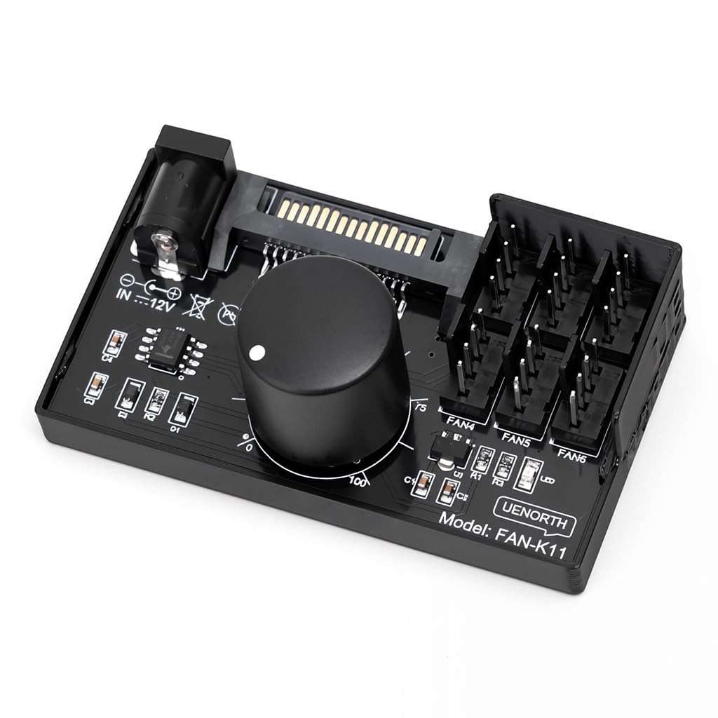 ZORBES® 4 Pin 12V PWM Fan Controller 6 Fans Supported, PC Fan Adapter Hub Powered by SATA and DC 5525, Cooling Fan Speed Knob with Max Total 60W 5A Output