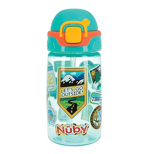 Miniatura 3 de Nuby Botella de agua con botón a prueba de derrames y adhesivo de viaje para niños con boquilla de silicona suave: 18+ meses, 14 oz / 14.2 fl oz