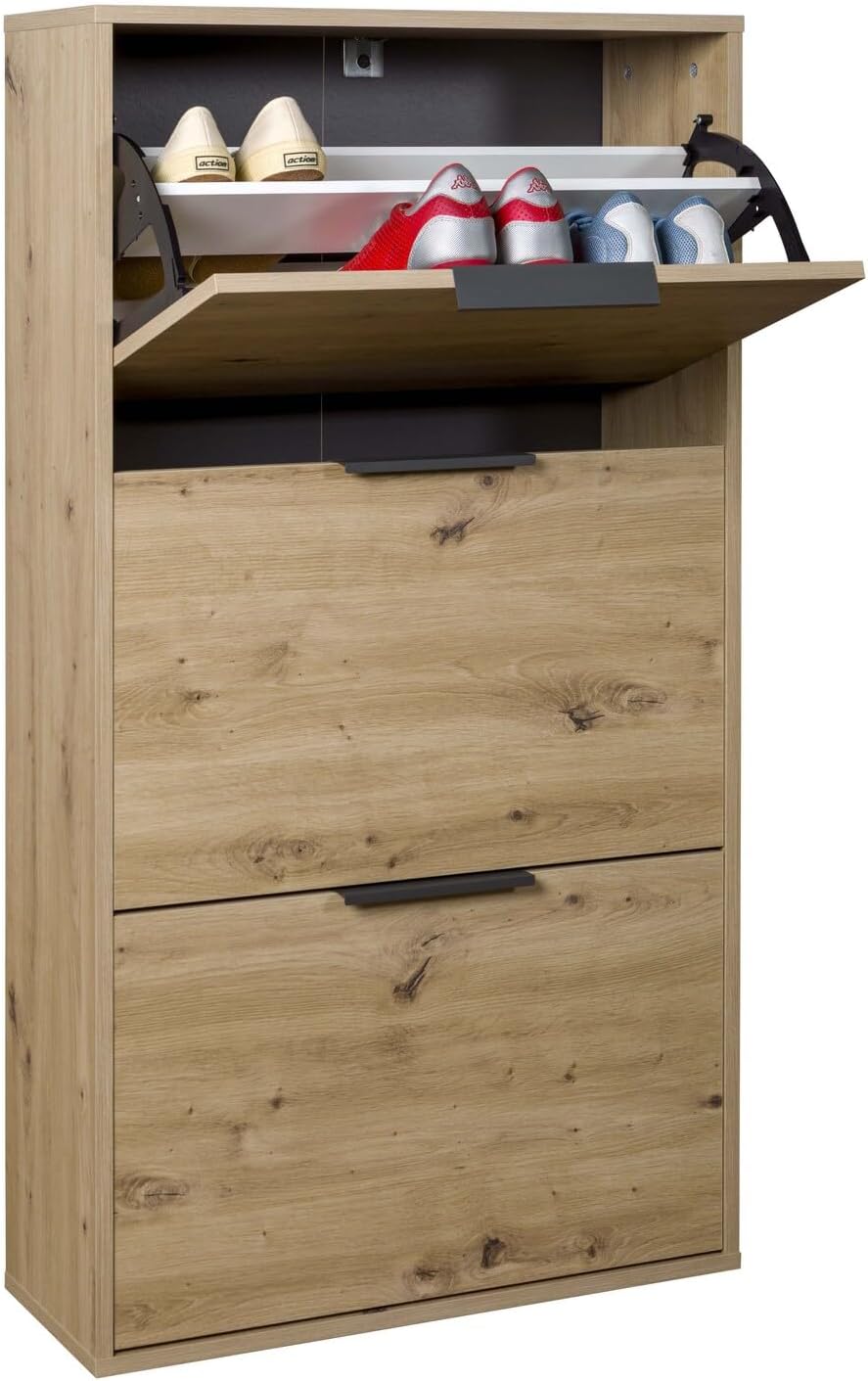 Composad Espresso Double Depth Shoe Rack with one flap open, showing interior compartments