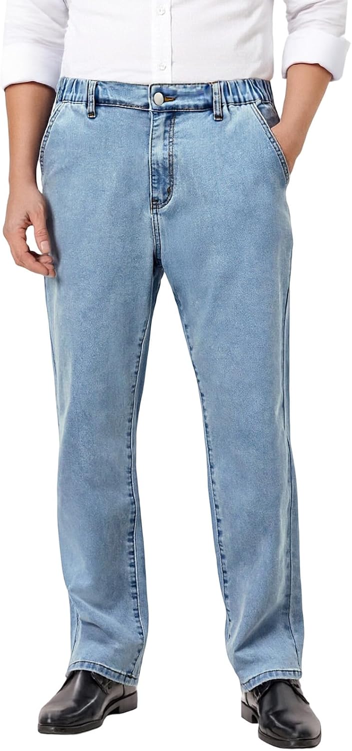 Men’s Jeans Elastic Waist Stretchy Relaxed Fit Denim Pants for Men Seniors Business Straight Leg Trousers