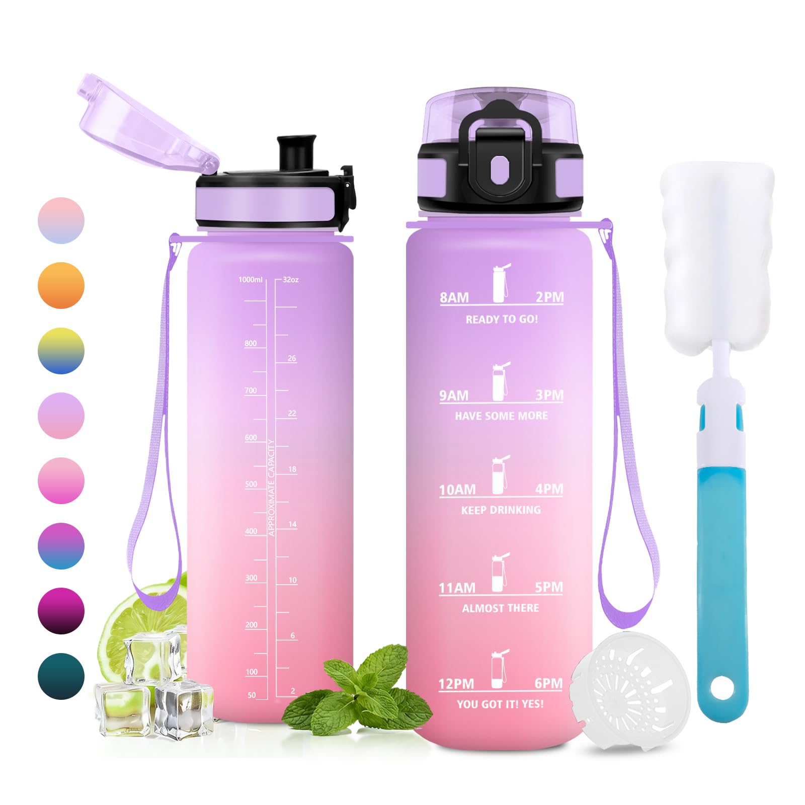 JAPORIA 1L Water Bottle with Motivational Time Marker, Filter Bottle, BPA Free Water Bottles for School, Office
