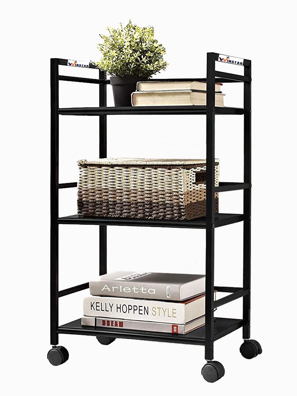 WINSTAR Metal Rolling Trolley with Lockable Wheels | Heavy Duty Multifunctional Metal Frame Cart | Ideal for Home, Kitchen, Bathroom and Office Storage | (Black, 3-Tier) 2