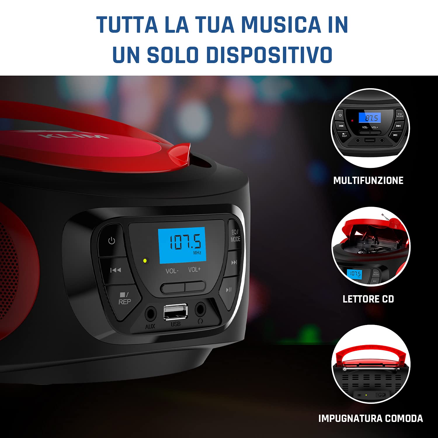 KLIM Boombox – Stereo Portatile Radio portatile FM, lettore cd, Bluetooth, MP3, USB, AUX - Batterie ricaricabili incluse - Connessione AUX e Wireless - Compatto e robusto - NOVITÀ - Rosso