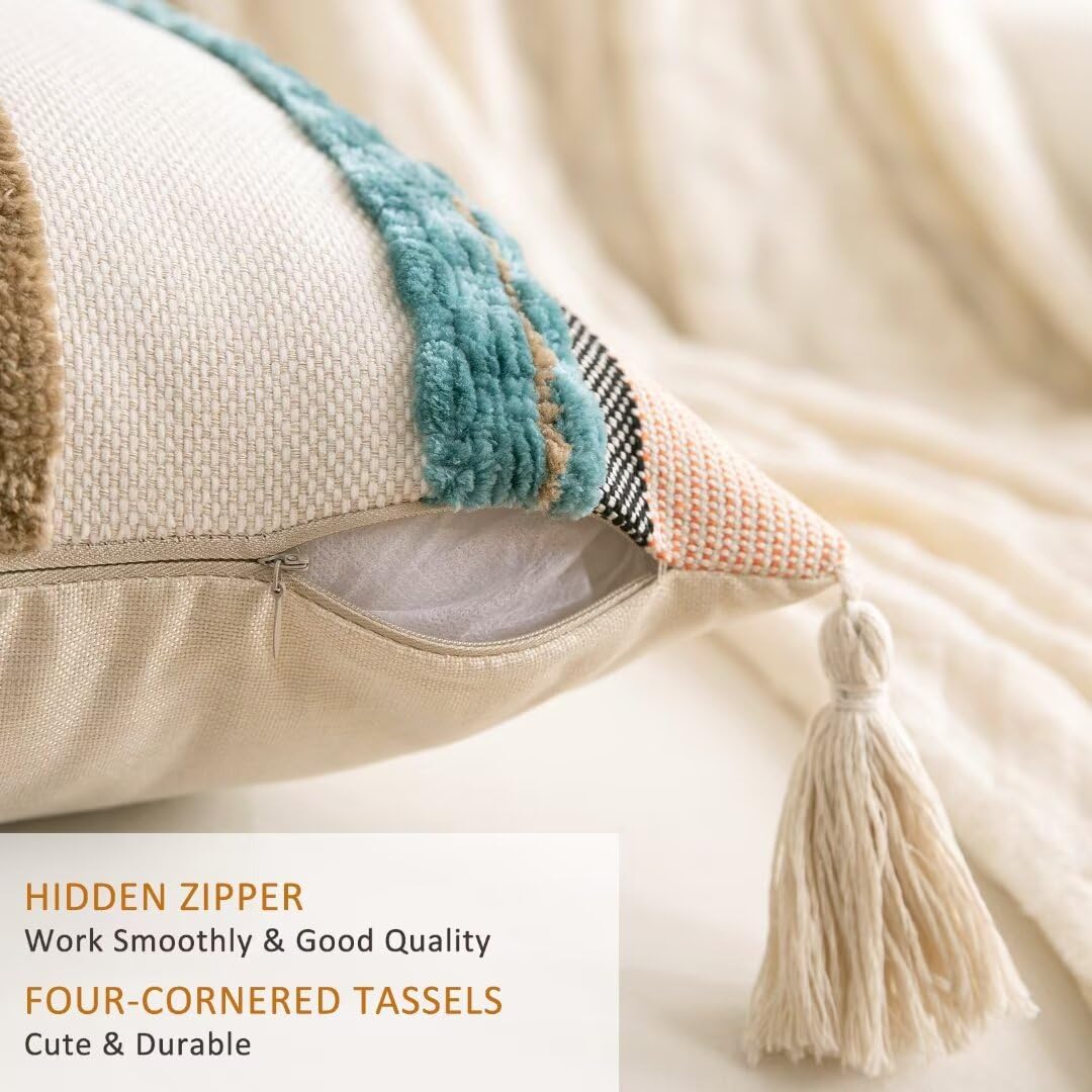 Set di 2 federe per cuscini in stile bohémien, 45 x 45 cm, trapuntate, con nappe, testurizzate a righe, neutre, decorative per divano e letto, blu