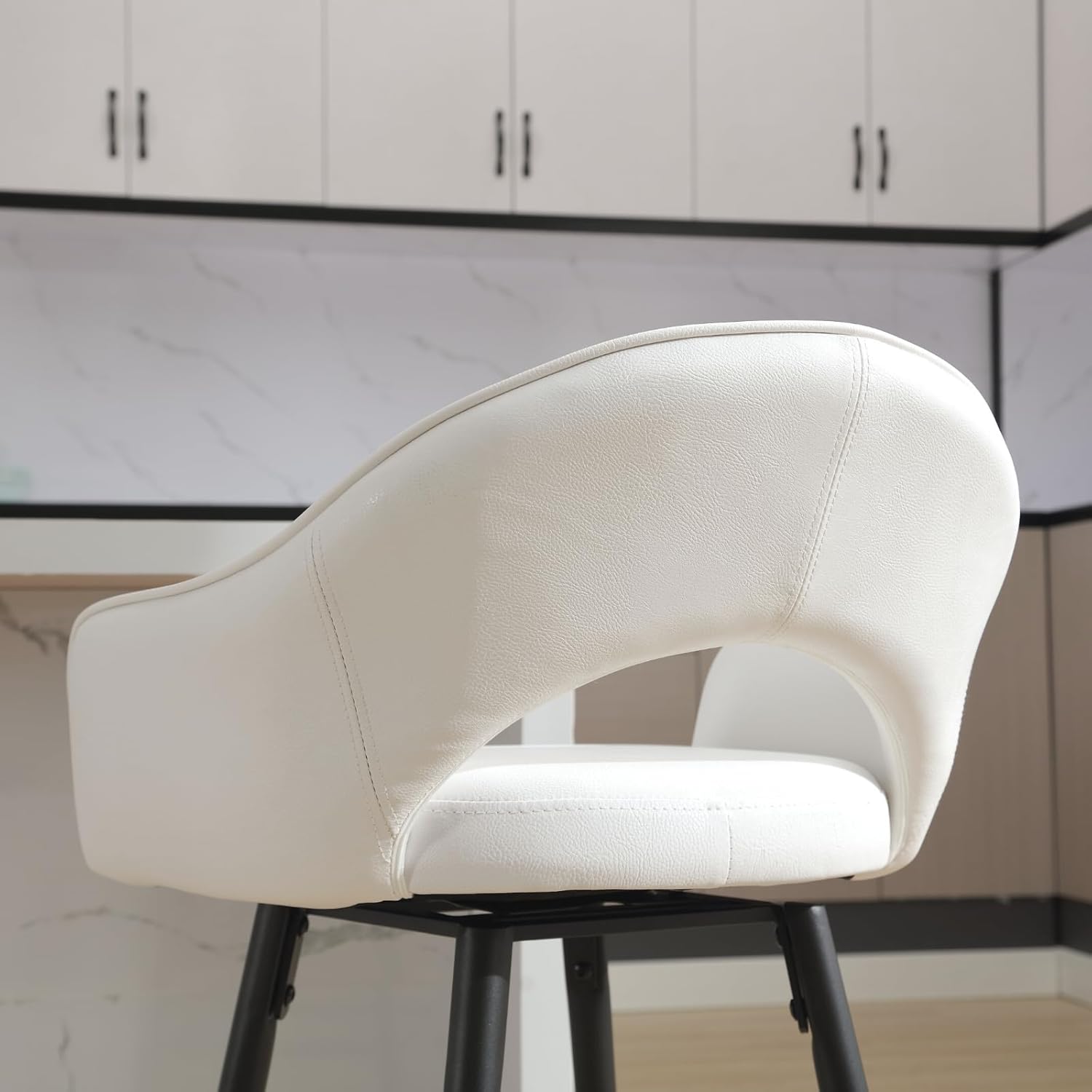 LukeAlon PU Leather Swivel Counter Stool Set of 4, Open Back 27" Seat Height Low Bar Stools with Metal Legs Modern Kitchen Stools with Footrest for Home Bar Dining Room, Cream White