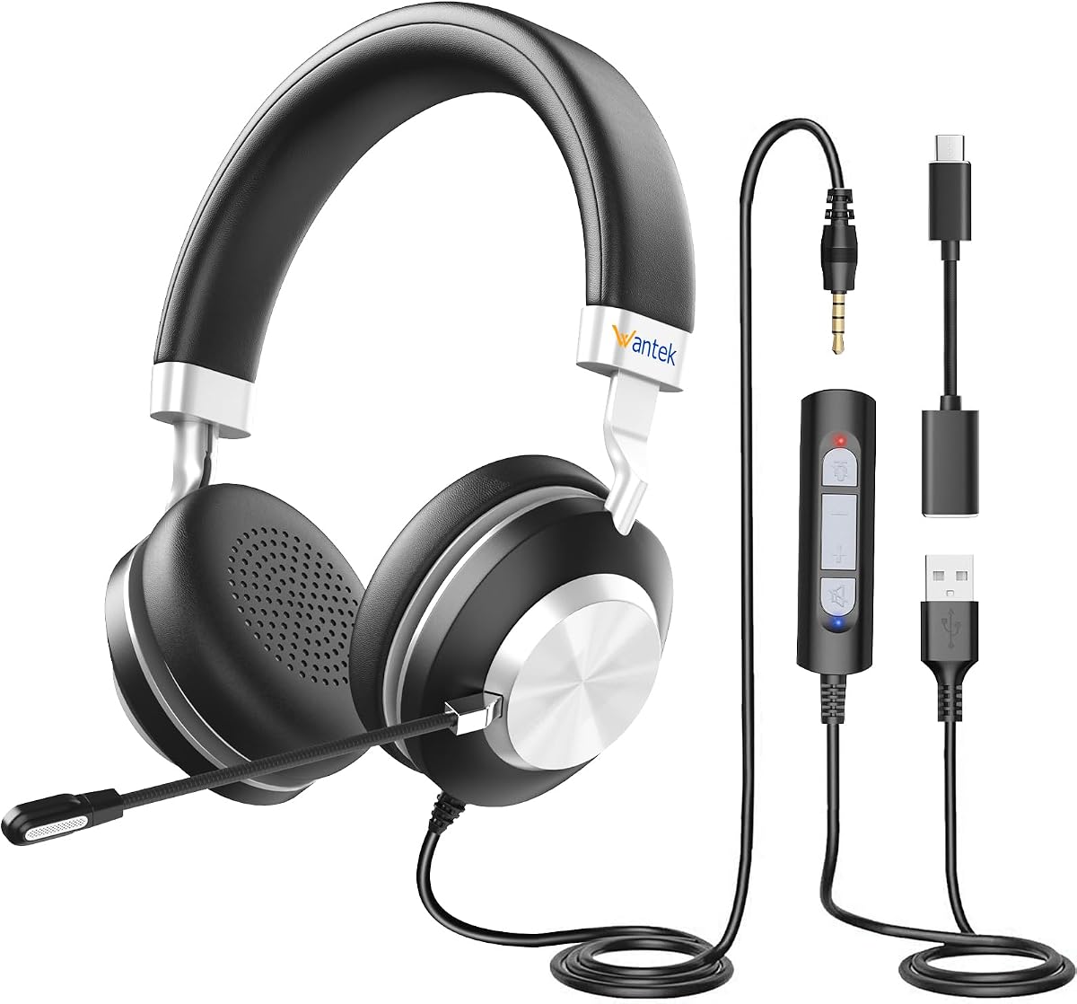 Wantek USB Headset with Microphone for PC, On-Ear Computer Laptop Headphones with Noise Cancelling Mic, Mute, Volume Control for Work, Teams, Zoom, Online Meetings, Home Office (USB+USB-C+3.5mm)