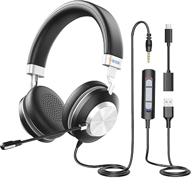Wantek USB Headset with Microphone for PC, On-Ear Computer Laptop Headphones with Noise Cancelling Mic, Mute, Volume Control for Work, Teams, Zoom, Online Meetings, Home Office USB+USB-C+3.5mm