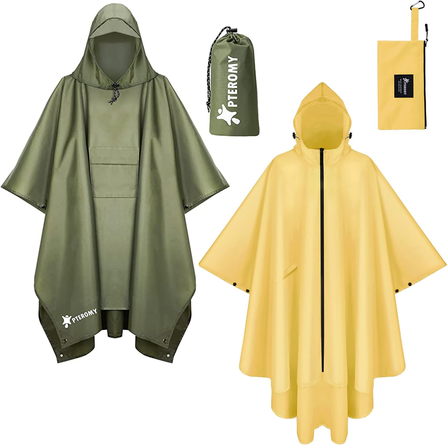PTEROMY Hooded Rain Poncho with Pocket+Hooded Rain Poncho with Pocket and Zipper