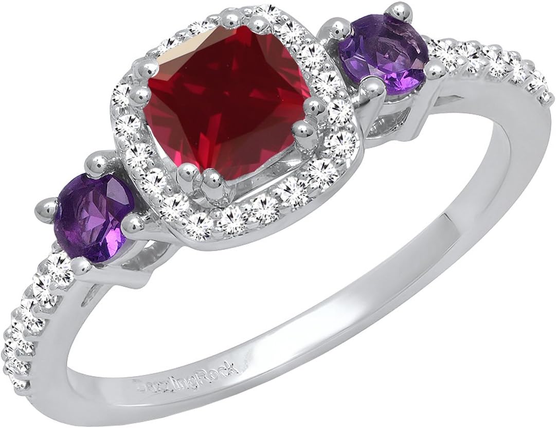 Dazzlingrock Collection 14K 5 MM Cushion Lab Created Gemstone & Diamond Ladies Engagement Ring, White Gold