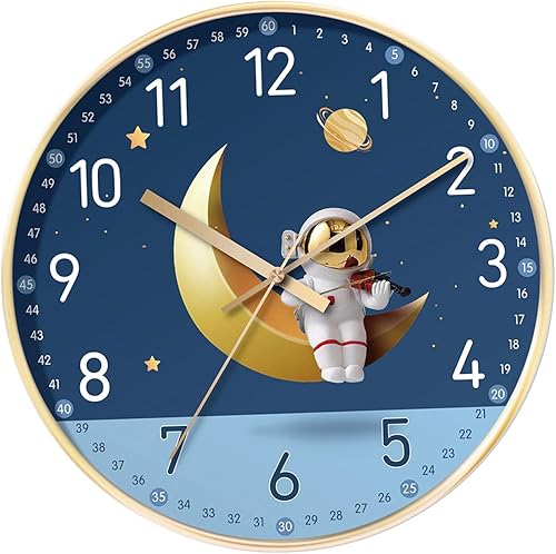 Miniatura 3 de Gralara Reloj de pared de astronauta redondo silencioso sin tictac analógico de 8 pulgadas reloj decorativo para escuela sala de estar cocina