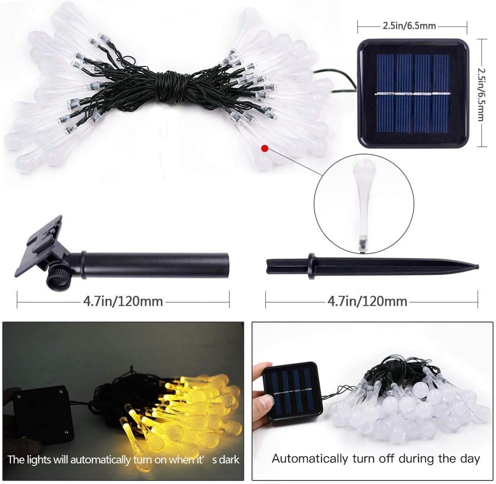 Solar String Lights, 22.9ft 50 Advanced Waterproof Water Drop Mode LED Solar Fairy Lights, Outdoor Saint Valentine's Day Lights for Patio, Lawn, Home, Garden, Wedding, Party Decorations