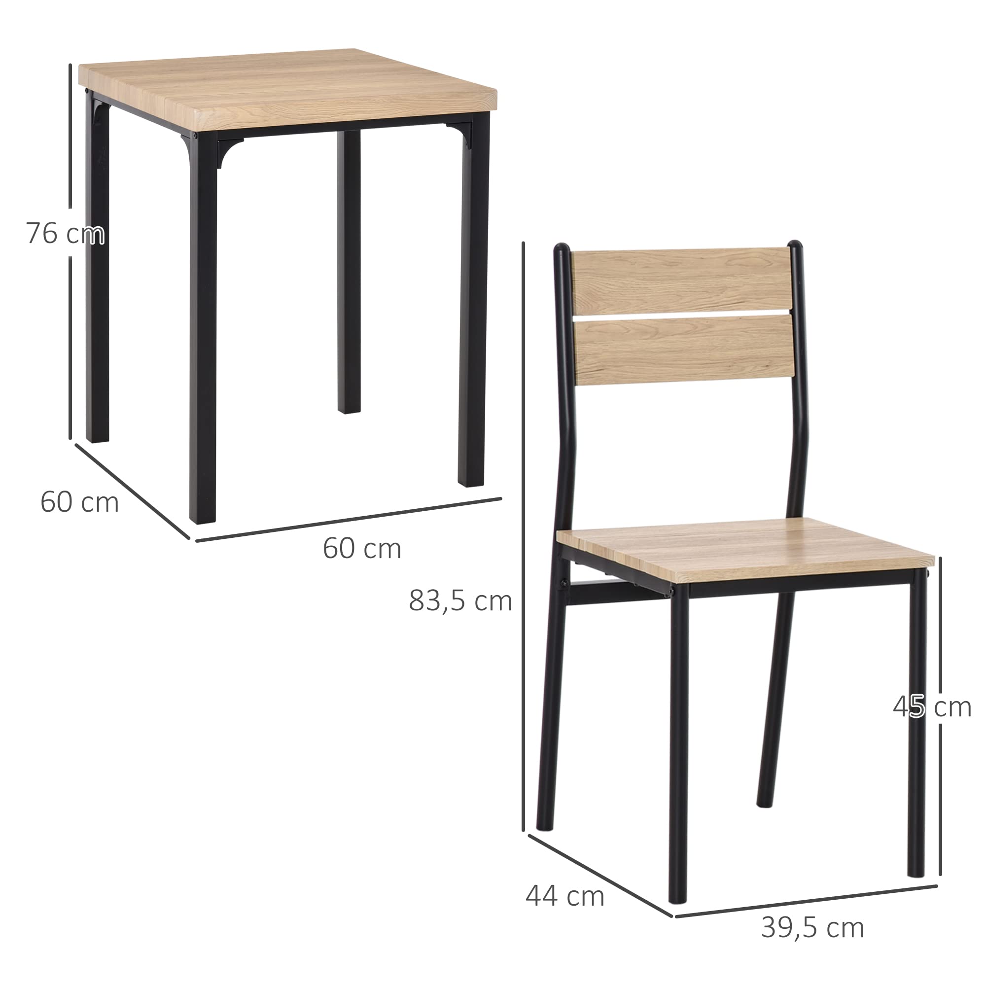 HOMCOM 3-teilige Essgruppe Esstisch mit 2 Stühlen, 4 cm Tischplatte Sitzgruppe Küchentisch mit Metallgestell Esszimmergruppe, Natur