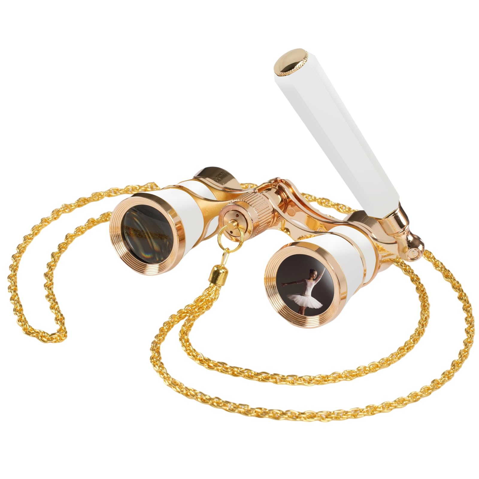 Binocolo da Teatro 3x25 Bianco - Vintage Portatile con Manico e Catena, per Opera, Concerti e Regali