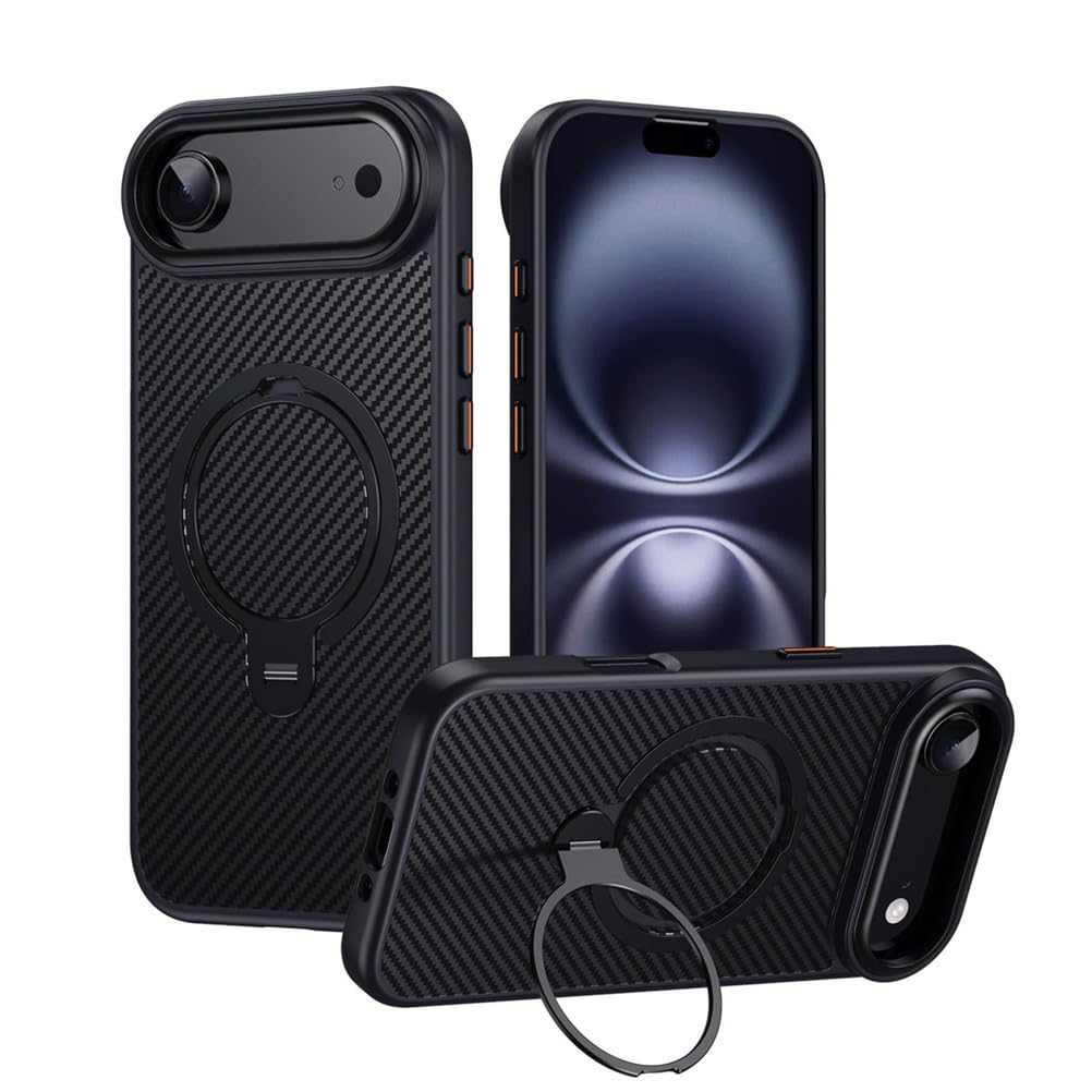 Magnetische Handyhülle Für iPhone 17 Pro Max/17/17Pro/17Air, Mit Ständer Metall Objektivrahmen Hülle Carbon Faser Textur rutschfest Schutzhülle,Schwarz,17Pro