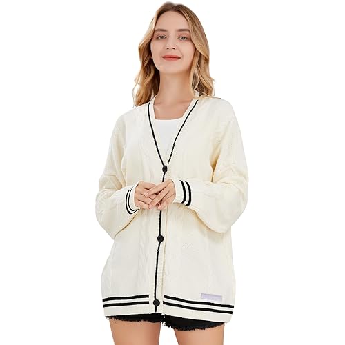ebossy Women's Open Front Stars Embroideried Cable Knit Cardigans Button Down Sweater Outwear
