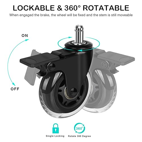 Miniatura 9 de Hirate Ruedas para sillas de oficina con freno, ruedas giratorias resistentes de 2.5 pulgadas con bloqueo, seguras para madera, azulejos y