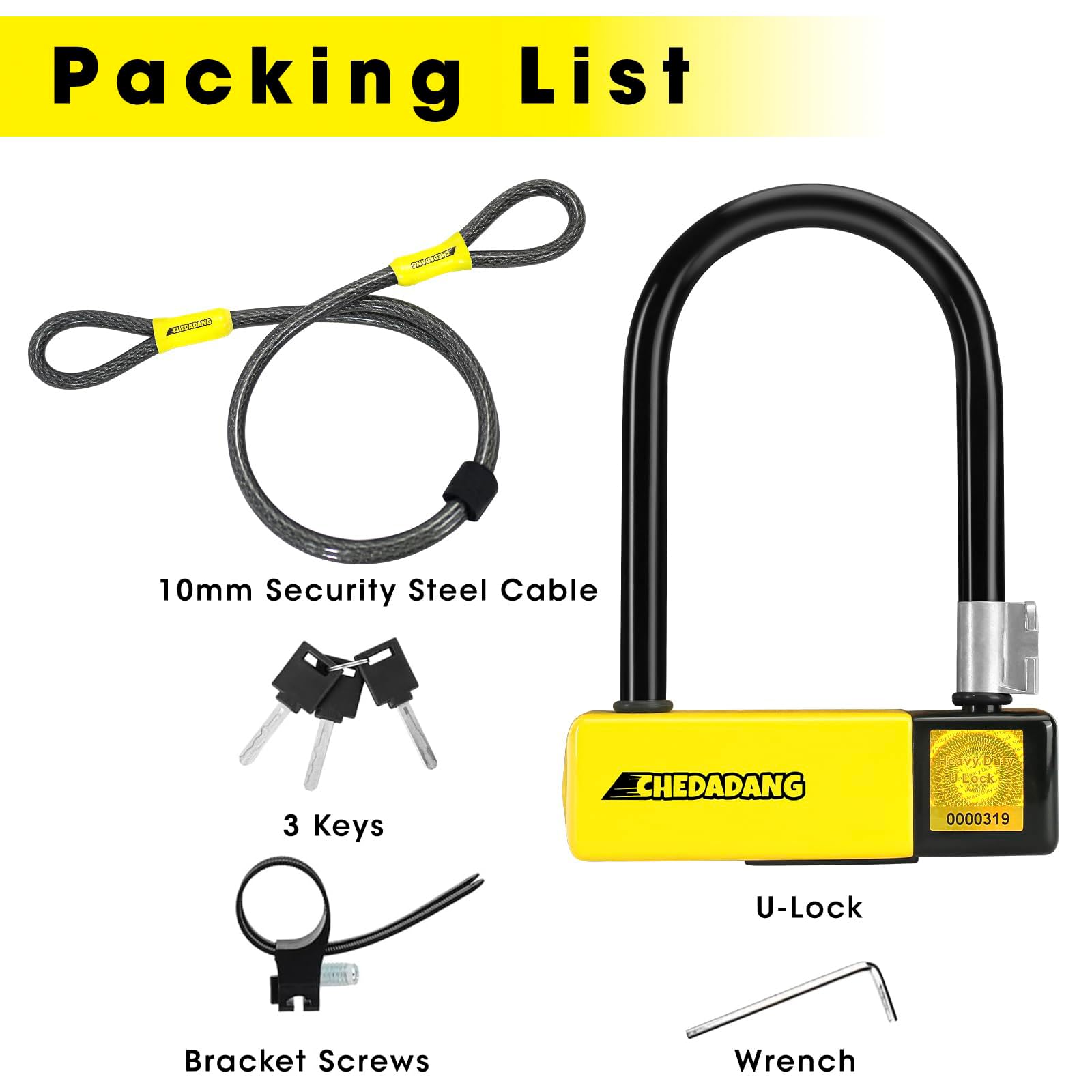 Bike U-Lock z kablem, hakiem 13 mm i 10 mm x 120 cm, długość bezpiecznej blokady, z 3 kluczami i uchwytem montażowym do roweru, skutera elektrycznego, motocykla
