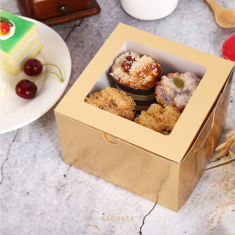 BAKIPACK 25 Gold Bakery Boxes with Window, 6x6x4 Inches Cake Boxes with Window, Treat Boxes for Small Bakery, Dessert, Candy, Cookies, Pastry, Party Favors, Wedding Cake