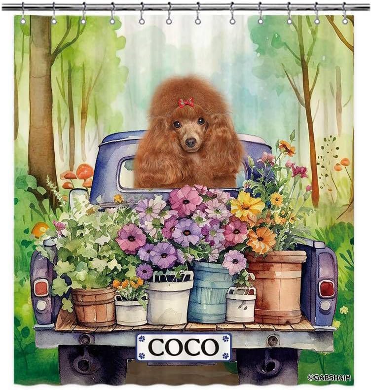 Custom Pitbull Flowers Spring Summer Shower Curtain Funny Dog Drive a Truck in Forest Bath Curtain Bathroom Home Decor 72x72 Inch Style 4