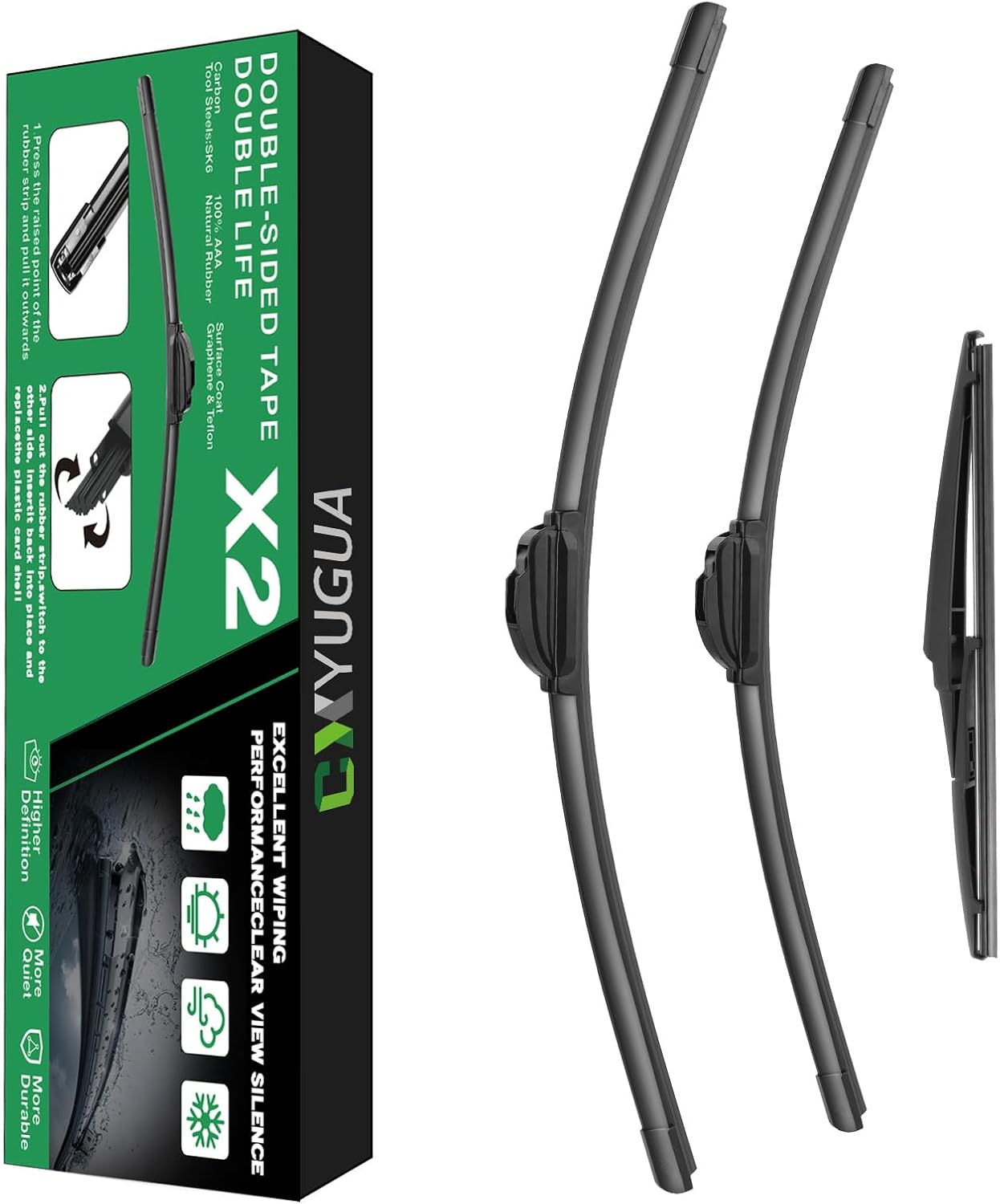 Double Sided Rubber Strips windshield wipers, Replace for 2005-2022 Odyssey,Wiper Blades Replacement-26"/22"/16" (Set of 3) U/J HOOK,Will Last 2x As Long
