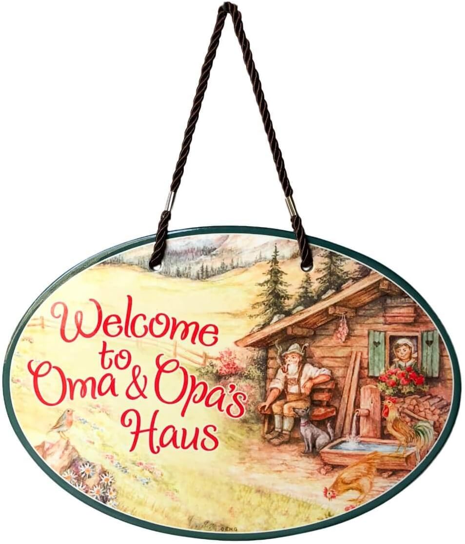 E.H.G. - 11x8'' Ceramic Welcome Door Sign 'Lovebirds and Rosmaling' - Oma Opa Gift with Spring Flowers Artwork, Cork Backing, Rope for Hanging - Unique Oma Opa Gifts, Perfect Oma Opa Day Gift