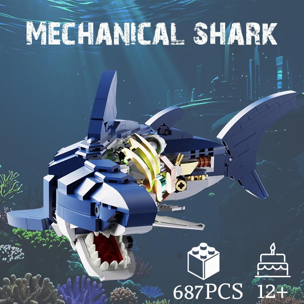 Mechanical Shark 687 PCS Building Set,Ideas Ocean Animal Building Block Toy with LED Lighting and Rotatable Link Components,Home Decor Gift for Adults for Kids Boys Ages 8-12