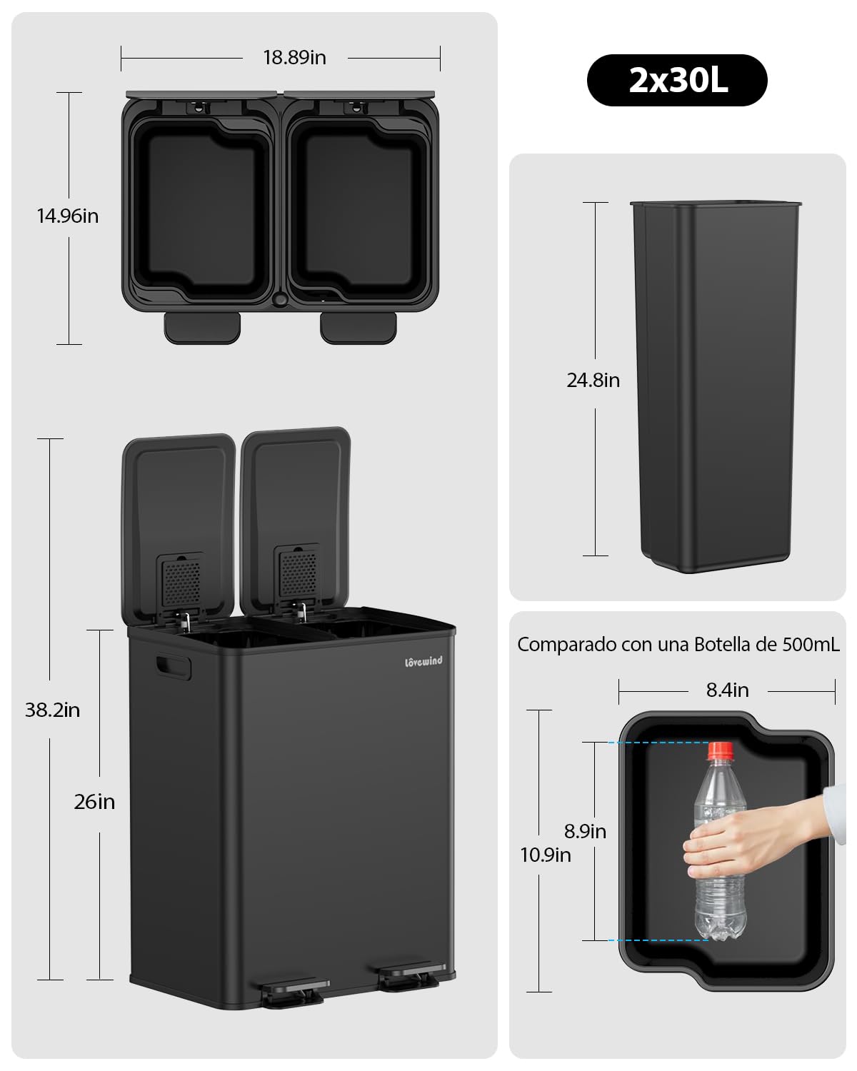 lovewind Cubo de Basura Cocina,2 X 30 L,2 Cubos,Pedal de Metal,Cubos ExtraíBles,Tapa con Bisagras, Cierre Suave, HerméTico, Acero Inoxidable, Negro