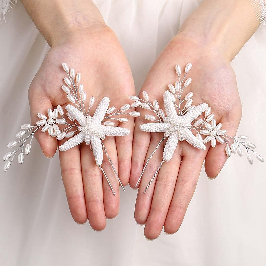 Brishow Bride Wedding Hair Pins Silver Pearl Hair Pin Starfish Hair Clips Bridal Hair Jewelry Accessories for Women and Girls (2 PCS) (Starfish hair pins)