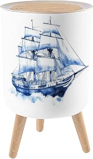 Trash Can with Lid Watercolor Hand Drawn Nautical Marine Sailing Ship Garbage Can Round Waste Bin Press Cover Dog Proof Wastebasket for Kitchen Bathroom Living Room Nursery 1.8gal