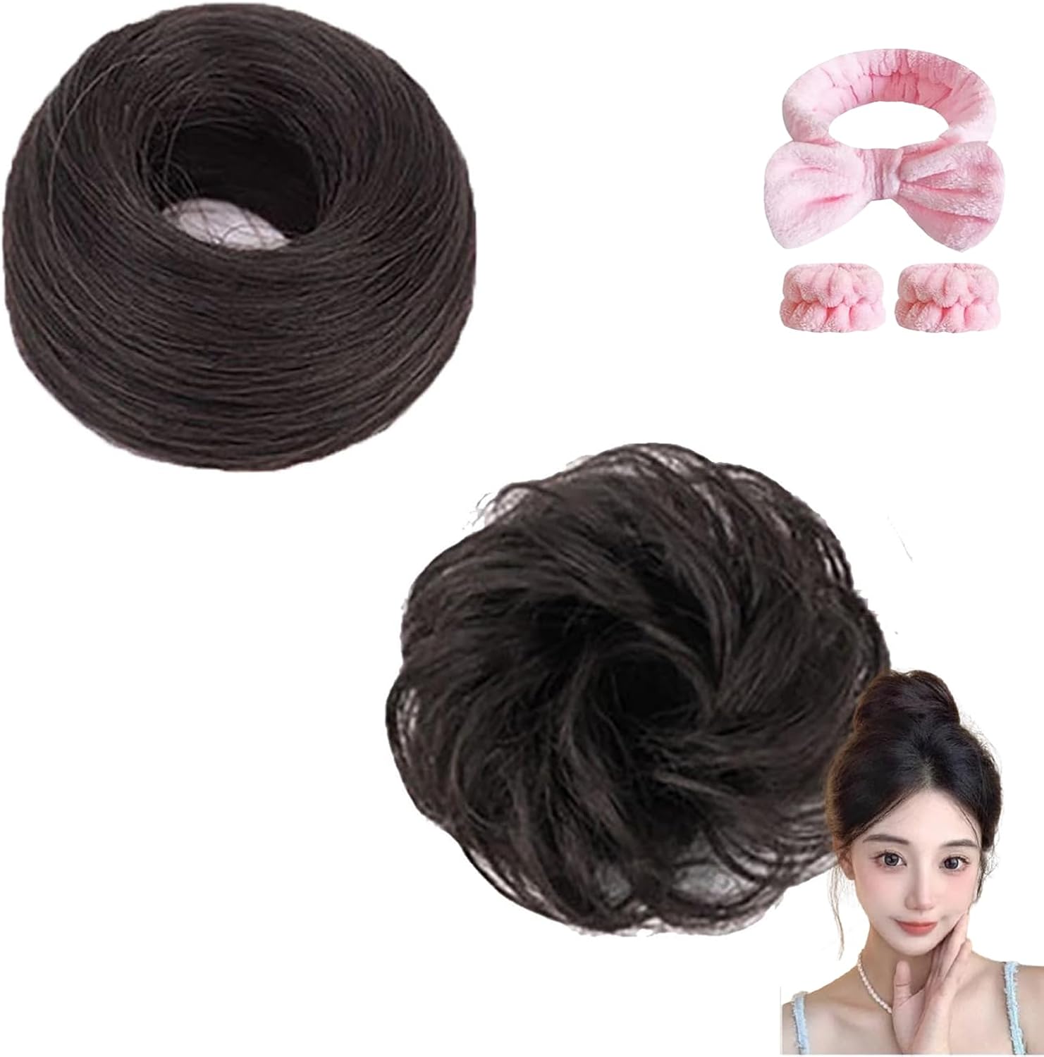 Real Hair Bun Wig, 2 PCS Messy Bun Hair Piece, Real Human Hair Bun Wig for Women, Extensions Thick Updo Hairpieces, Synthetic Chignon Wigs Human Hair, Wavy Stretchy-Natural Black||Curly Hair Bun