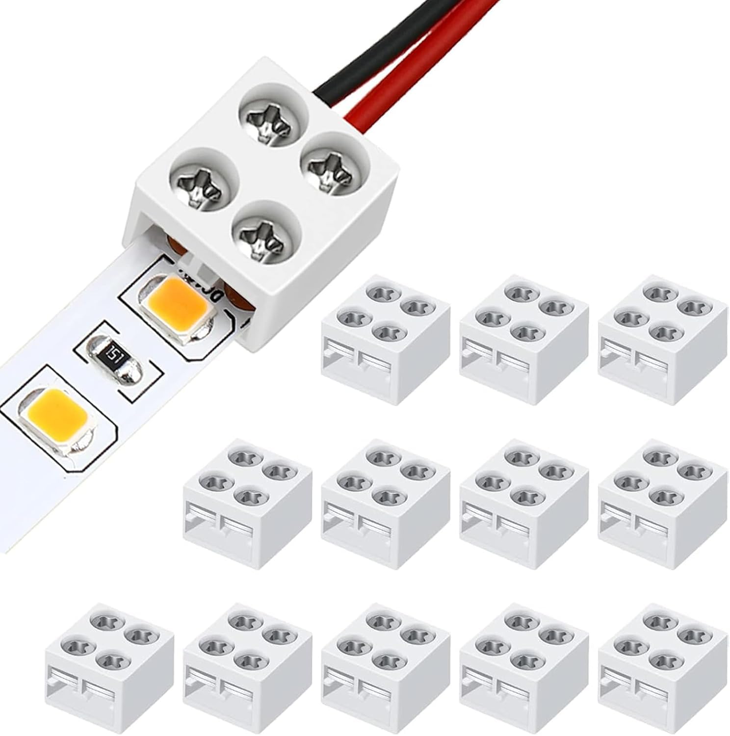 Leloco 12 Stück Led Verbinder 2 polig Die Schraubanschlussklemmen festziehen, LED-Streifen zu Draht Verbinder - 2-polig 10mm Lötfrei für 5050 3528 COB SMD LED Streifen Led Strip Verbinder
