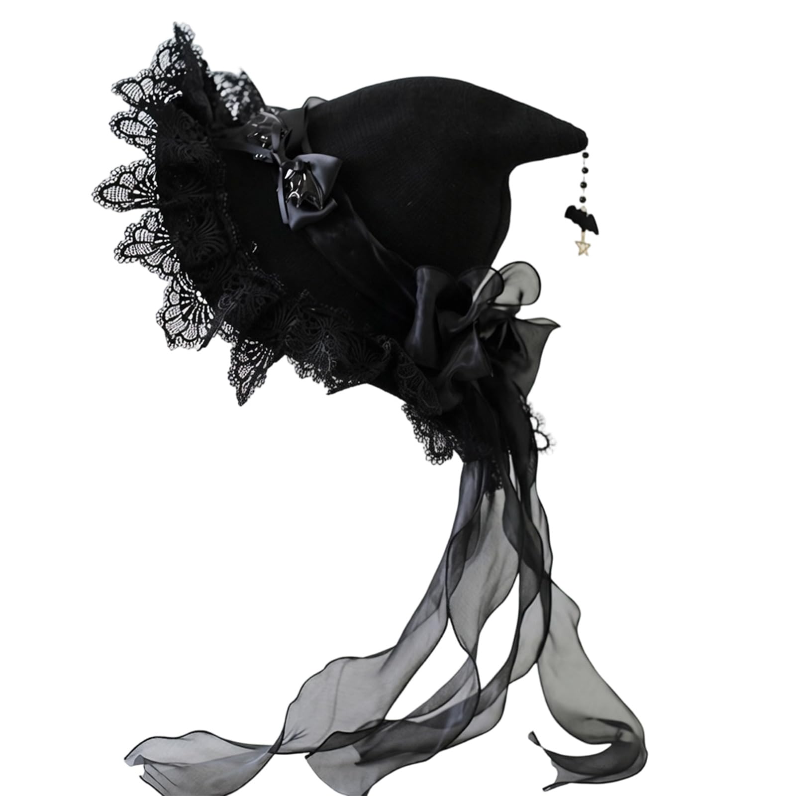 APGLSXY Cosplay Witch Hat for Adults, Gothic Pointed Headwear with Lace Brim and Ribbon Streamers for Party Photo Gothic Costume Headwear Seasonal Party Cap Lace Brim Adult Cosplay Accessory Pointed