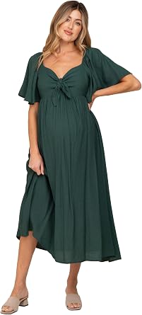 PinkBlush Front Tie Ruffle Sleeve Maternity Midi Dress