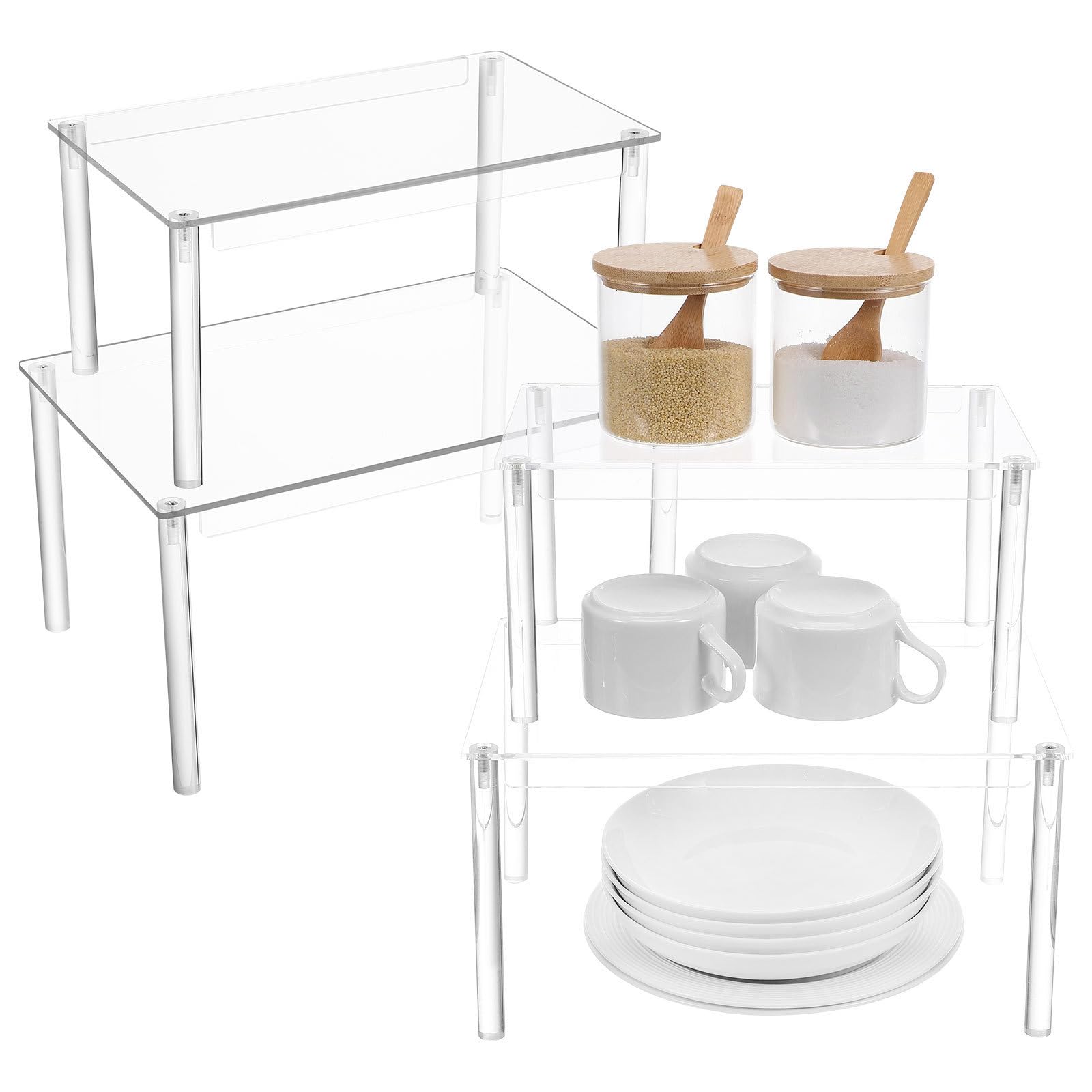 HEMOTON 4 Stück Verstellbares Acryl Gewürzregal Organizer mit Gestaffeltem Design zur Maximierung des Stauraums im Küchenschrank für Einfache Gewürzidentifikation