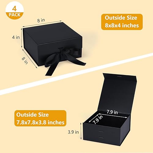 Miniatura 2 de Giftgarden Paquete de 4 cajas de regalo negras de 8 x 8 x 4 pulgadas con tapas magnéticas de cinta, caja cuadrada plegable para regalo, Navidad,