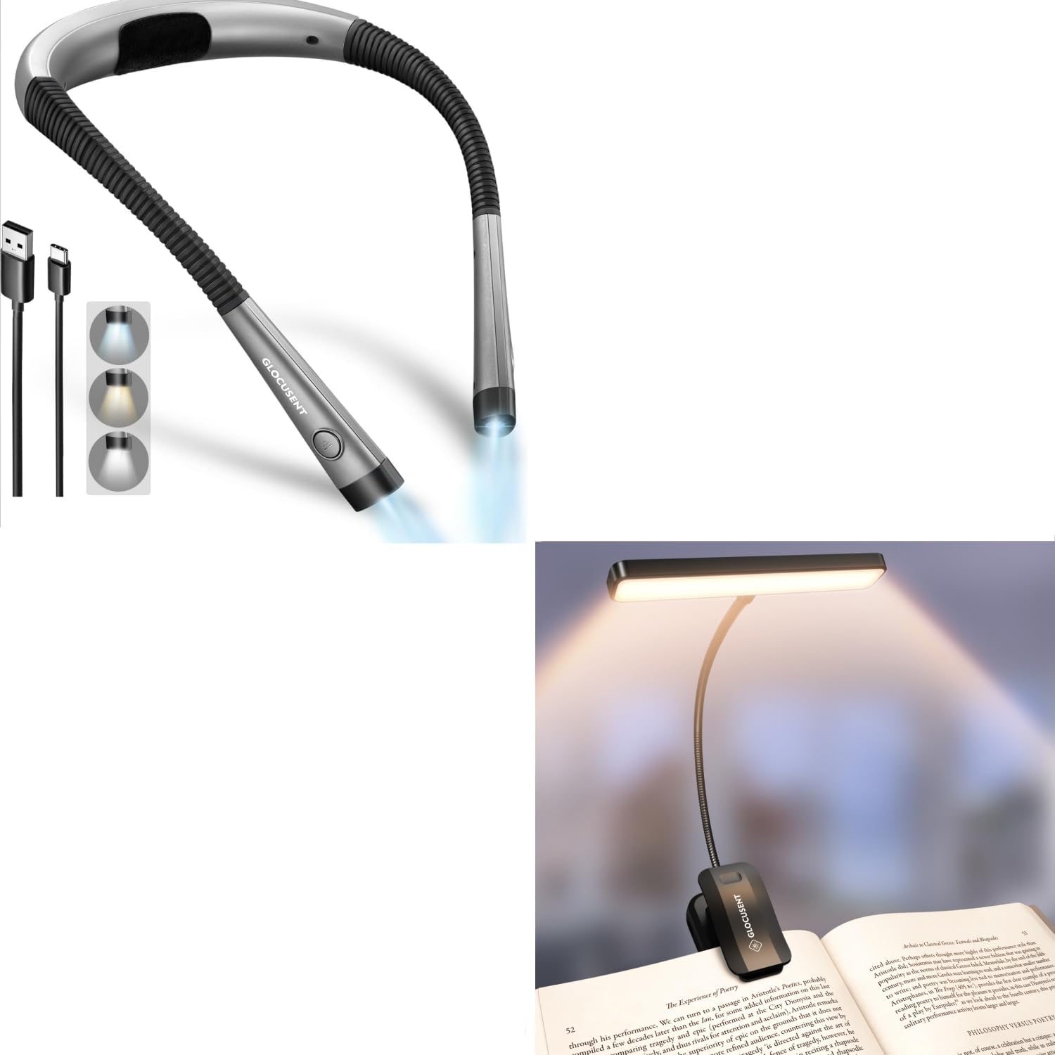 Glocusent 1Pack Neck Light Bundle Rechargeable Book Light
