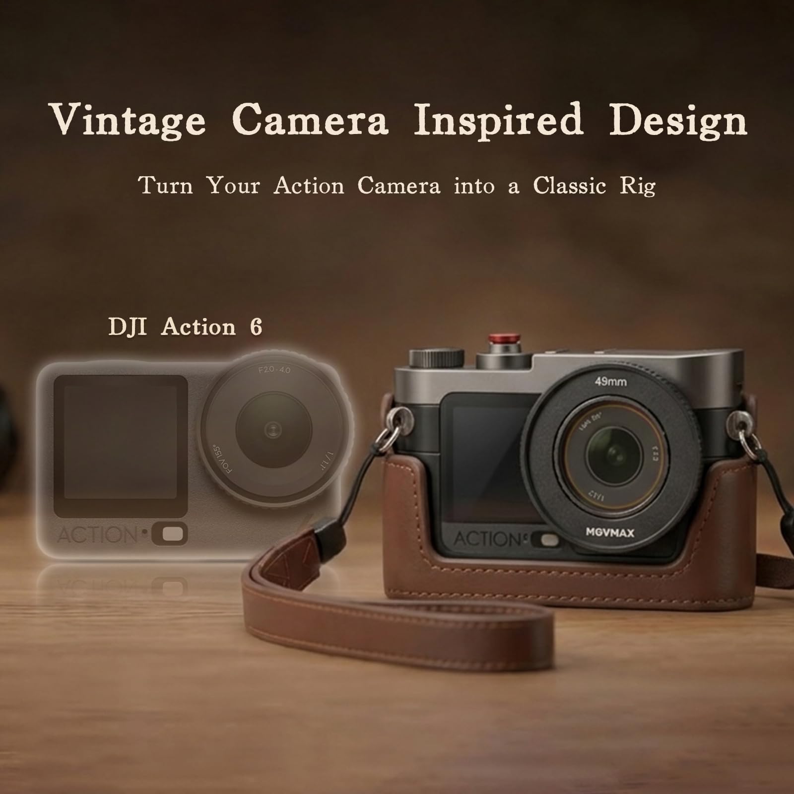 Klatka na aparat w stylu vintage z uchwytem retro do Action6, klasyczna fotografia uliczna, aluminiowa rama aparatu ręcznego z zimną stopką i uchwytem 1/4 (kompatybilna z DJI Action 6)