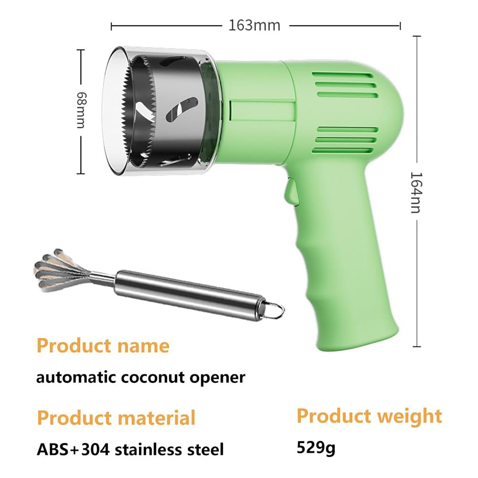 Elektrisches Kokosnussöffner-Werkzeug – 304 Edelstahl Kokosnuss-Schaber mit 6 cm Lochschneider, wiederaufladbar, lange Batterielaufzeit (12 Stunden) für grüne und reife behaarte Kokosnüsse green