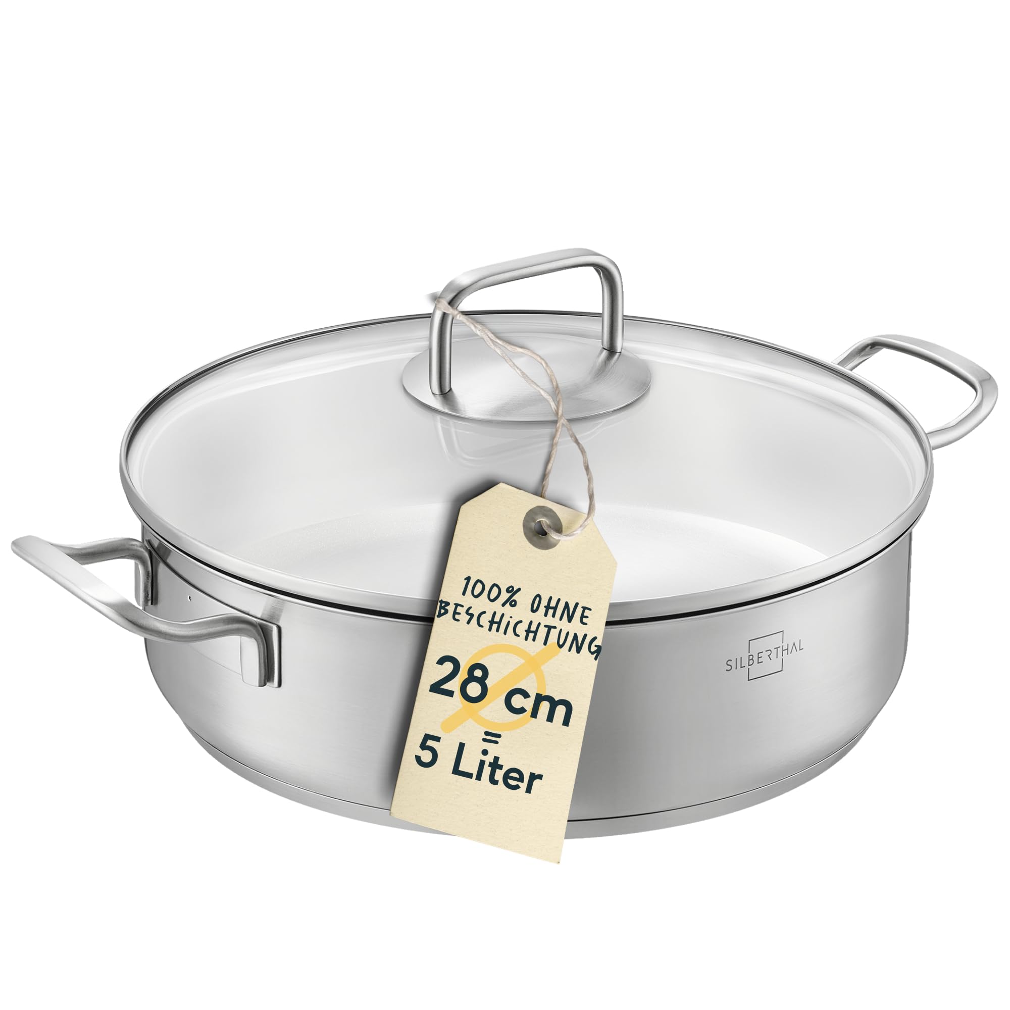 SILBERTHAL Schmorpfanne Unbeschichtet 28 cm hoher Rand | Servierpfanne mit Deckel - Backofengeeignet bis zu 400° - Induktionsgeeignet - 5l