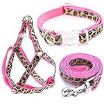 Mile High Life Leopard Dog Harness Collar Leash Set, Adjustable No Pull Dog Halter Harness for Small Breed Dogs, Easy Control for Training Walking (Pink, M Chest 15"-21", Neck 13"-17")