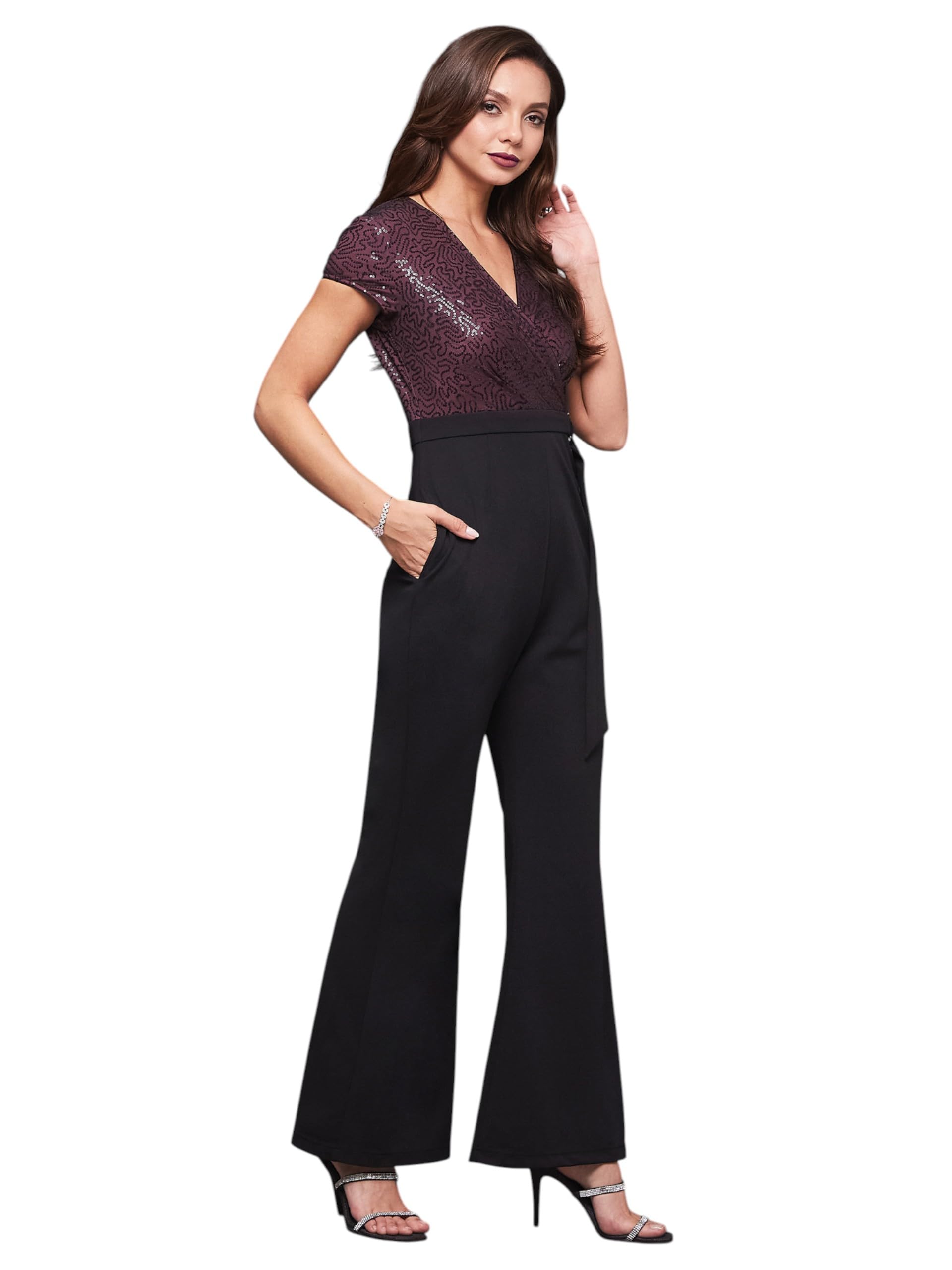 miss chase Women's Halter Neck Sleeveless Solid Wide Leg Sequin Paneled Regular Length Jumpsuit-picture-18