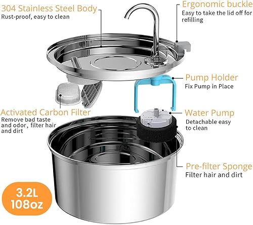 Miniatura 7 de Fuente de agua automática para gatos de acero inoxidable, cuenco de agua circulante silencioso, apto para lavavajillas, fuente interior para