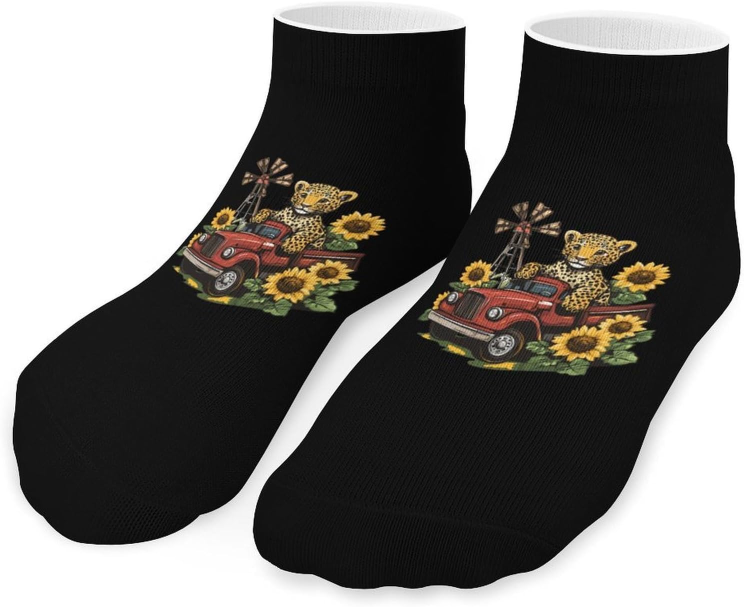Leopard Truck Sunflower Windmill 5 Pairs Ankle Socks for Men Women No Show Low Cut Athletic Short Socks