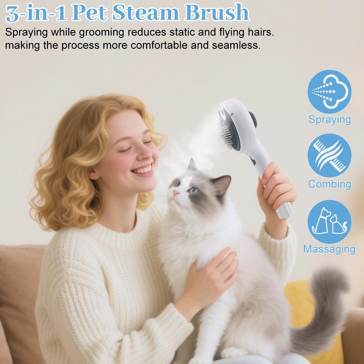 Pet Spray Brush for Dog & Cat, 3-in-1 Spray Grooming Comb - Dog Spray Brush for shedding, Brushes for Indoor Cats Spray for Shedding Hair Clean Hair Removal Comb, 1*Waterless Shampoo