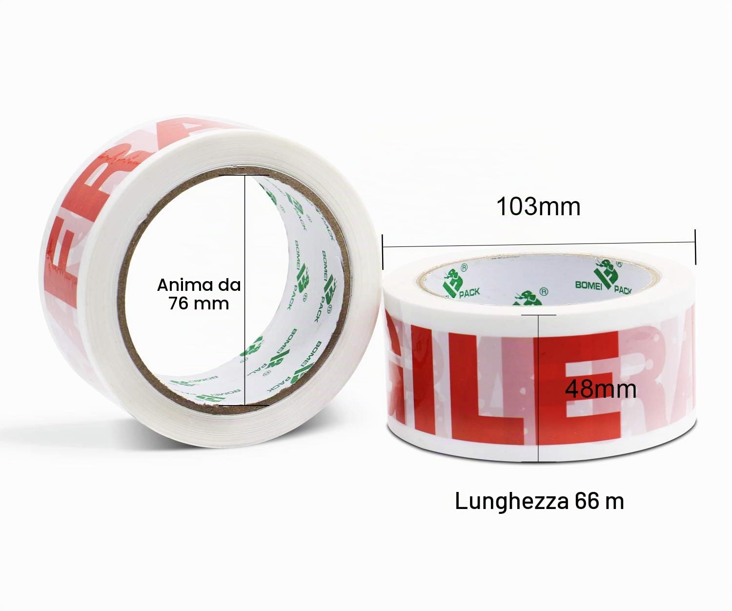 BOMEI PACK Nastro adesivo da imballaggio stampato fragile, nastro adesivo da imballaggio con dispenser per pacchi 48 mm x 66 m, 18 rotoli