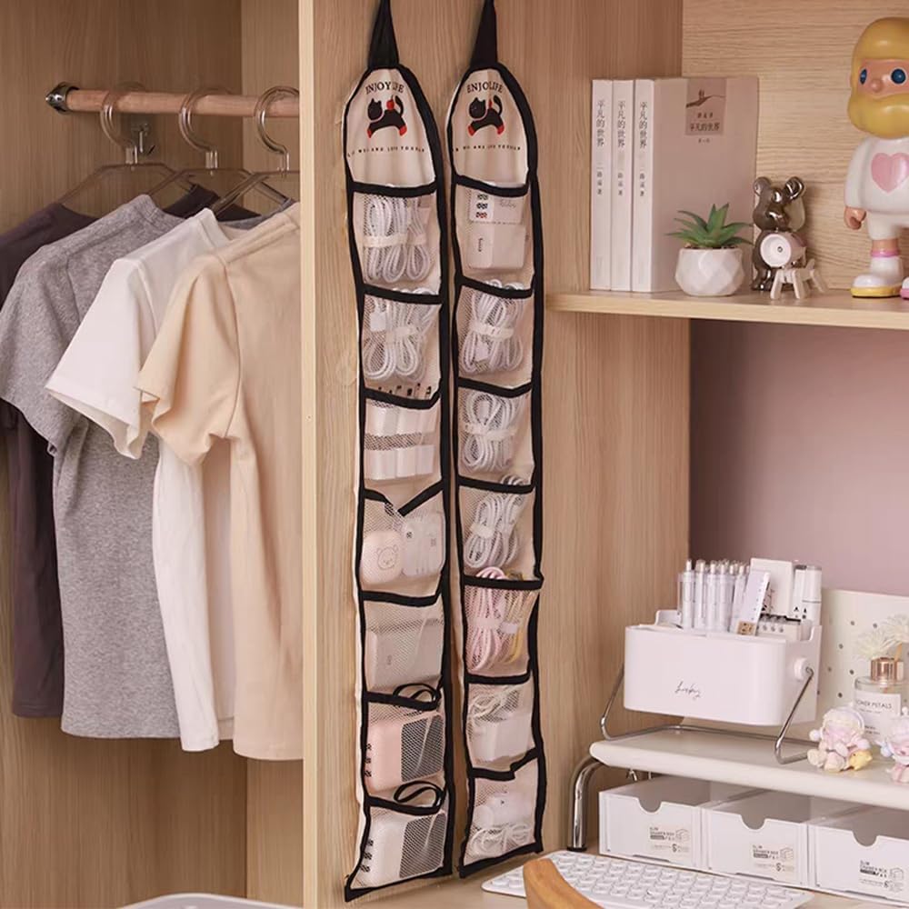 OULIGET Simple House Hanging Closet Organizer,Wardrobe Storage Bags for Socks Hair Ties Glasses Jewelry,Clear Mesh Pocket Small Hanging Rack for Bathroom RV